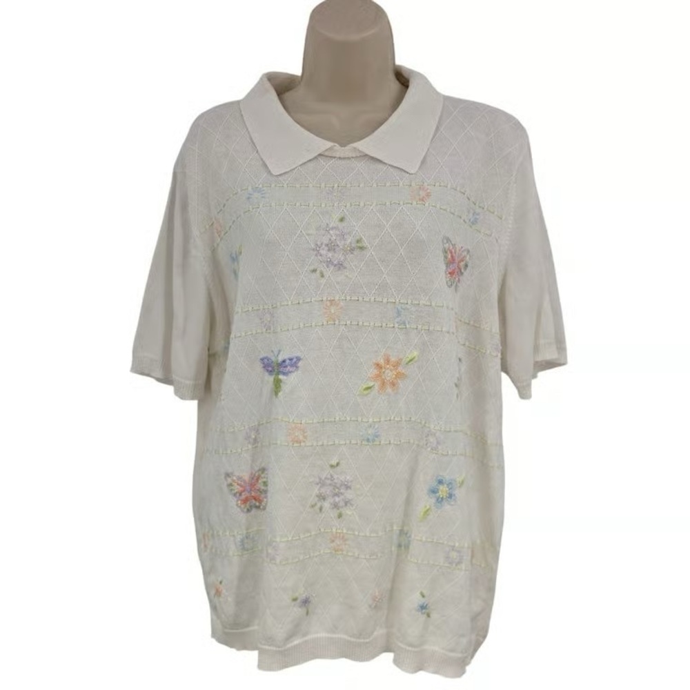 Women's Cream Embroidered Floral Polo Top
